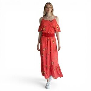 Peyton & Parker Coral Floral Maxi Dress Ruffle Overlay Spaghetti Strap Size M